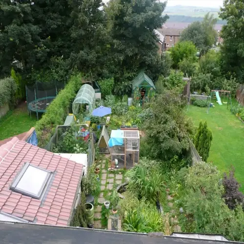 backyard permaculture garden design with greenhouses, paths, dense planting, and play lawn