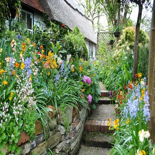 cottage garden flowers blooming beside brick steps and a thatched cottage