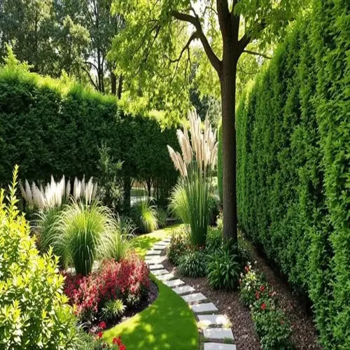 golden cypress shrub garden with hedges, grasses, flowers, and a winding stone path