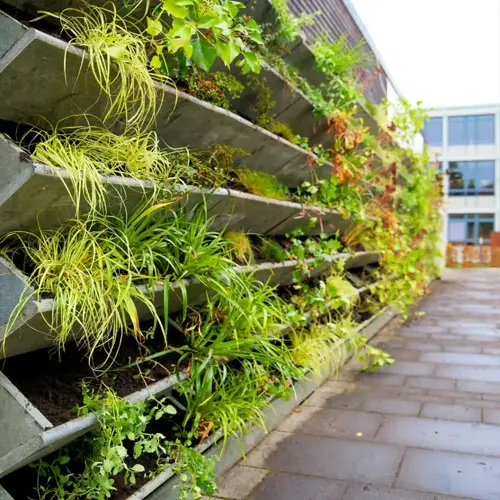 lush vertical garden trellis with tiered planters along a paved courtyard