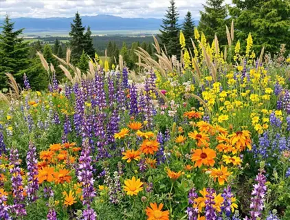 penstemon flowers garden with colorful wildflowers, grasses, evergreens, and distant mountains