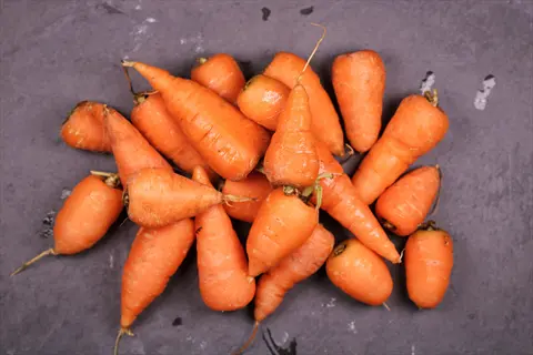 pile of orange chantenay carrots on a dark surface