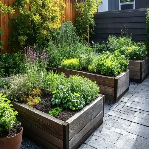 raised lettuce garden bed with herbs and leafy greens on a sunny patio