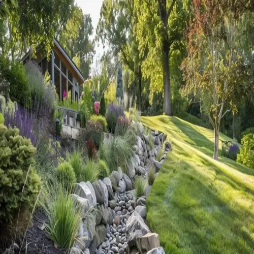 rock garden plants slope with boulders, grasses, flowers, lawn, and trees beside a modern house