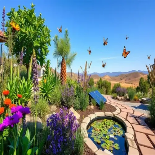 xeriscape garden lavender with pond, solar panel, drought-tolerant blooms and butterflies